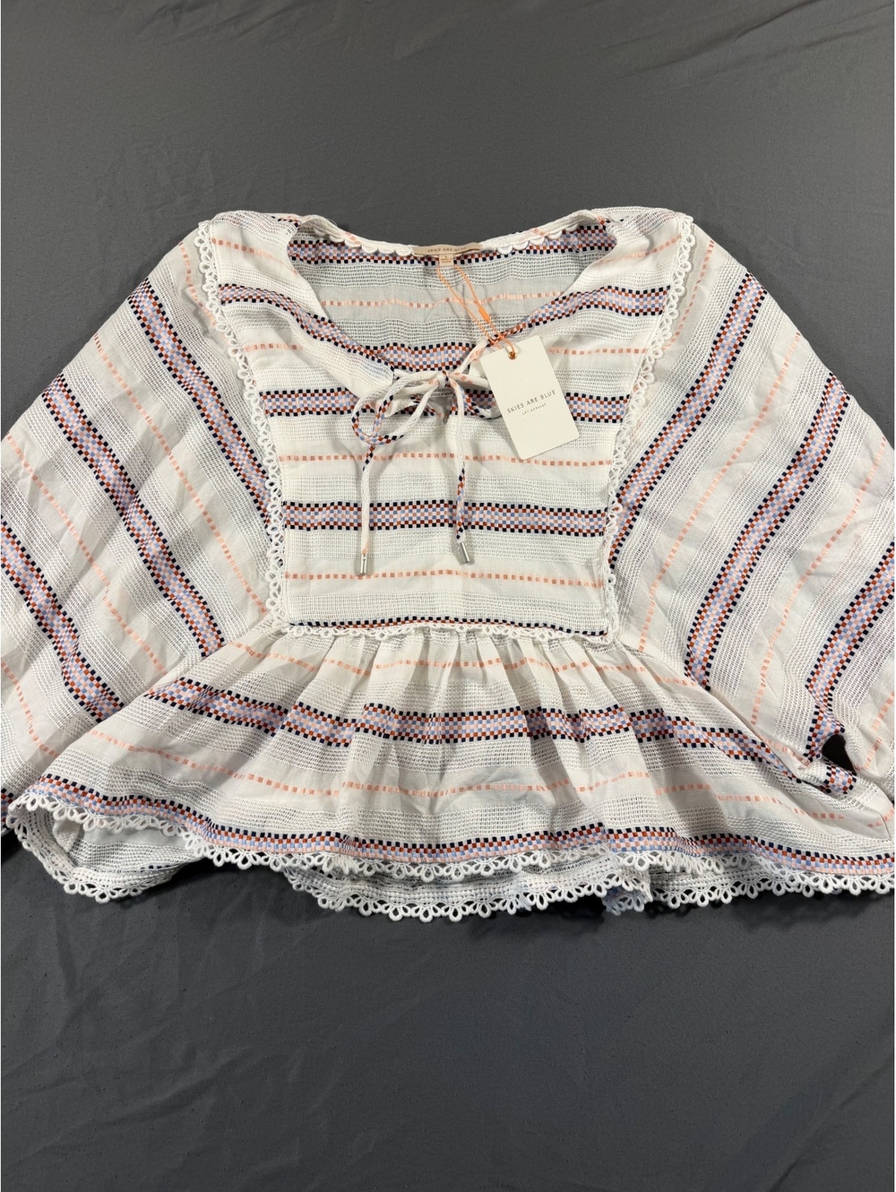 Skies Are Blue Women's Striped Peplum Blouse with Lace Trim